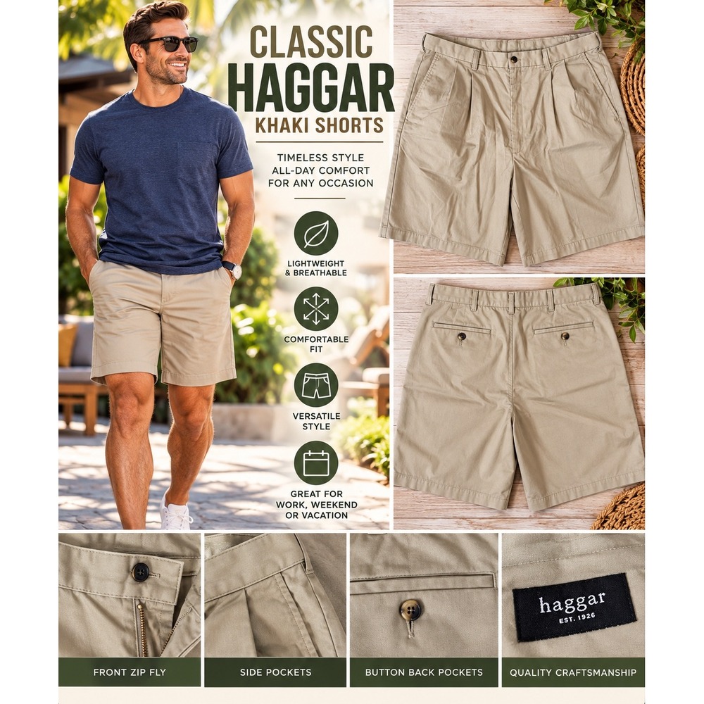 Haggar Mens Khaki Chino Shorts Size 38 Tan Beige Classic Fit Casual Golf Outdoor
